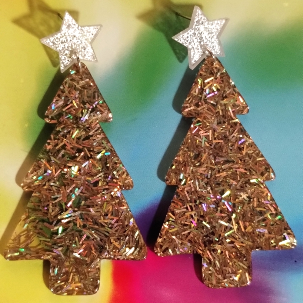 Silver and Gold glitter confetti Christmas tree earrings